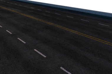 Beyaz arkaplanlı boş asfalt yolu, 3d oluşturma.