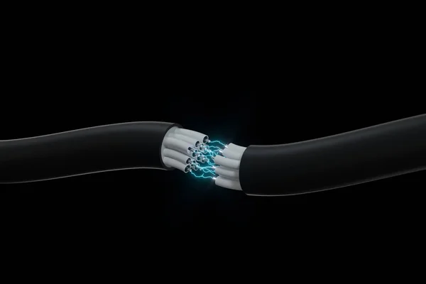Kabel s prodlouženým jádrem, elektronický spojovací produkt, s efektem blesku 3d vykreslování. — Stock fotografie