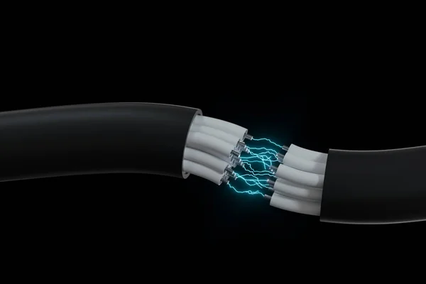Cable with extended core, electronic connection product, with lightning effect 3d rendering.