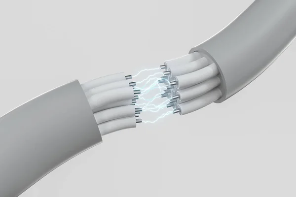 Cable con núcleo extendido, producto de conexión electrónica, con renderizado 3d efecto relámpago . — Foto de Stock
