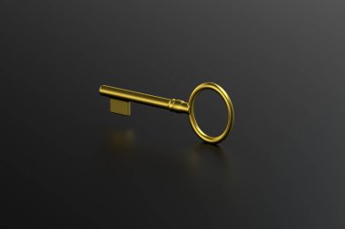 Siyah arkaplanlı altın anahtar, 3D görüntüleme.