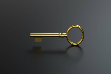 Siyah arkaplanlı altın anahtar, 3D görüntüleme.