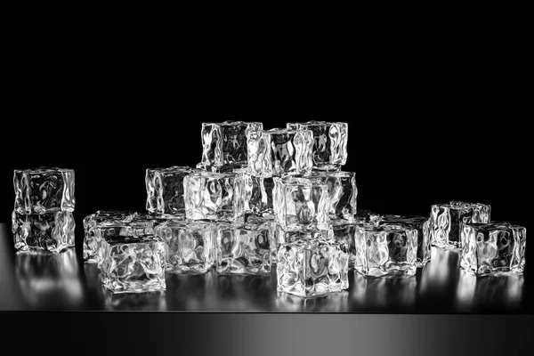 Cubi di ghiaccio impilati tra loro con sfondo nero, rendering 3d . — Foto Stock