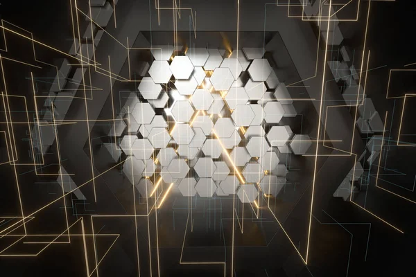 Espacio del túnel hexagonal con cubos de hexágono, renderizado 3d . — Foto de Stock
