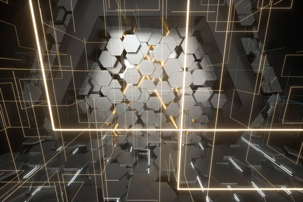 Espacio del túnel hexagonal con cubos de hexágono, renderizado 3d . —  Fotos de Stock