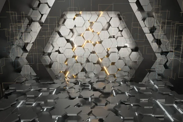 Sechseckiger Tunnelraum mit Sechskantwürfeln, 3D-Rendering. — kostenloses Stockfoto
