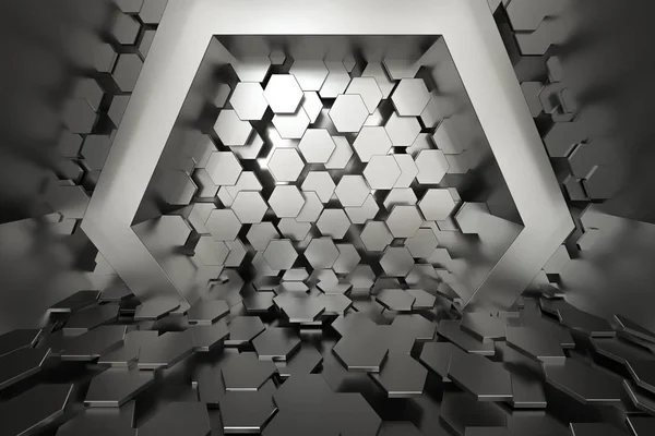 Hexagonale tunnelruimte met zeshoekige kubussen, 3d rendering. — Stockfoto