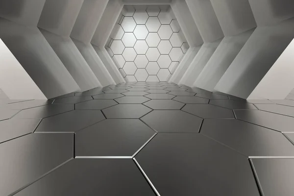 六角形の立方体の六角形のトンネル空間、 3Dレンダリング. — ストック写真