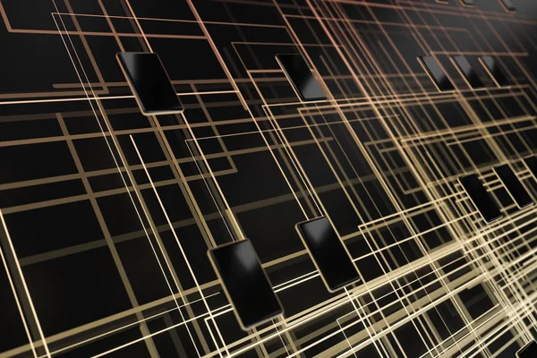 Espacio cibernético dorado con líneas brillantes cruzadas, representación 3D . — Foto de Stock