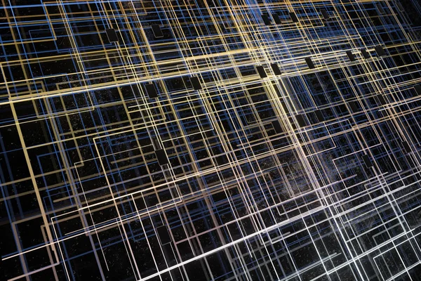 Złota cyber przestrzeń z przekroczonymi świecącymi liniami, renderowanie 3d. — Zdjęcie stockowe