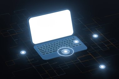 Siyah arka planlı dizüstü bilgisayar, teknolojik konsept, 3 boyutlu görüntüleme.