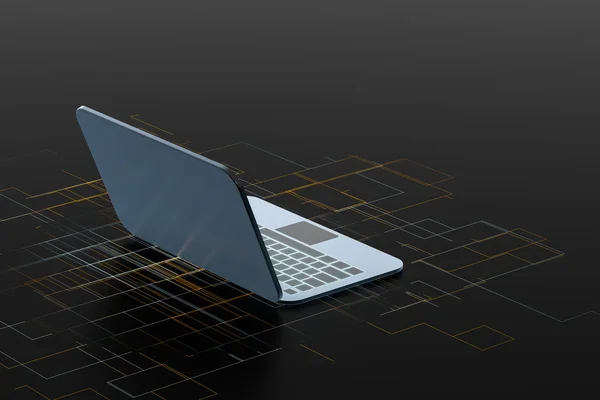 Laptop s černým pozadím, technologický koncept, 3D vykreslování. — Stock fotografie