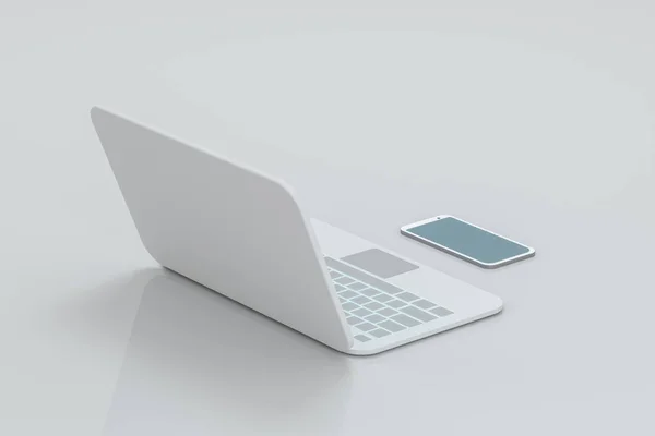 Computer portatile e telefono con sfondo bianco, concetto tecnologico, rendering 3d . — Foto Stock