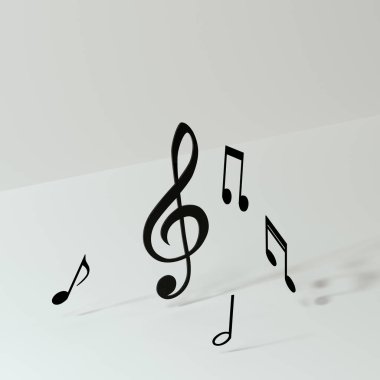 Beyaz arkaplanlı siyah müzik notaları, 3D görüntüleme.