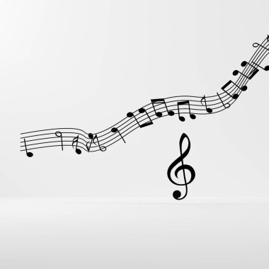 Beyaz arkaplanlı siyah müzik notaları, 3D görüntüleme.
