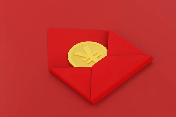 Paquete rojo con moneda de oro en el interior, fondo rojo, tema festivo, representación 3d —  Fotos de Stock