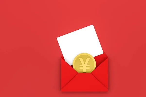 Red package with golden coin inside, red background, festive theme, 3d rendering — Stock Photo, Image