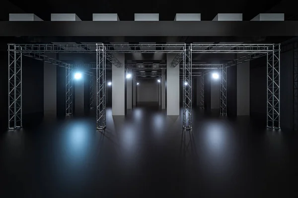 Cemento y refuerzo con lámparas de proyector en la habitación oscura, renderizado 3d . —  Fotos de Stock