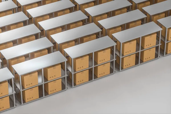 상자들을 깔끔하게 배열 된 선반 위에 놓고 3D 렌더링을 한다. — 스톡 사진