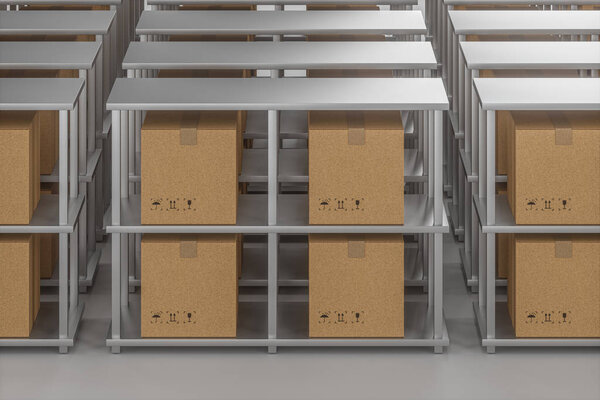 The cartons are put on neatly arranged shelves, 3d rendering.