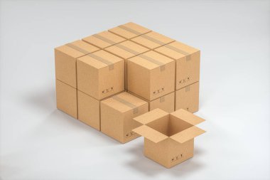 Kutular beyaz bir arkaplan üzerine istiflenmiş, 3D görüntüleme.