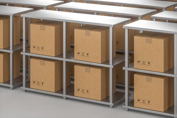As caixas são colocadas em prateleiras ordenadamente arranjadas, renderização 3d . — Fotografia de Stock