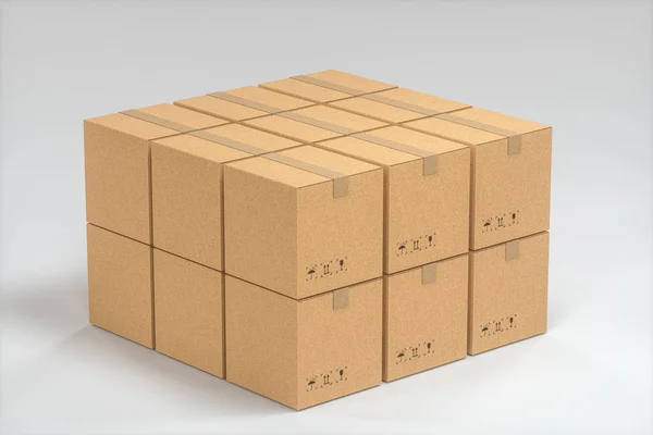 Kartony są ułożone na białym tle, renderowanie 3d. — Zdjęcie stockowe