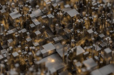 Rastgele dağıtılmış küpler, endüstriyel arka plan, 3D görüntüleme.