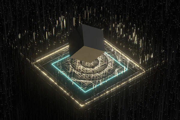 El cubo flota por encima de los cubos brillantes, 3d renderizado . —  Fotos de Stock