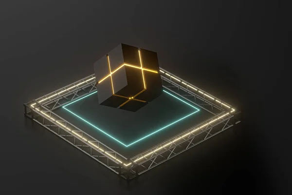 Il cubo galleggia sopra i cubi incandescenti, rendering 3d . — Foto Stock