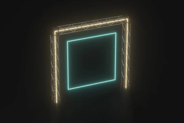 Steel frame and luminous cubes, 3d rendering.