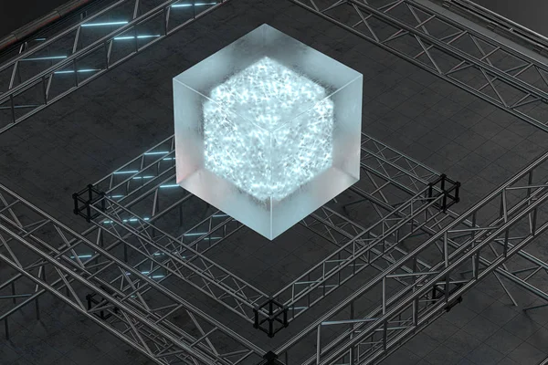 Moldura de metal polido, um cubo suspenso transparente, renderização 3d . — Fotografia de Stock
