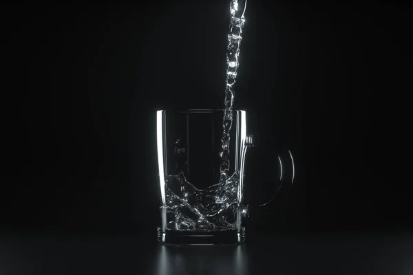 Wlewanie wody do szklanki, ciemne tło, renderowanie 3d. — Zdjęcie stockowe