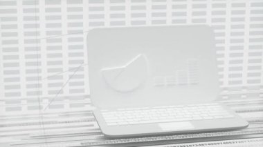 Grafik şekilli beyaz dizüstü bilgisayar, veri geometri arkaplanı, 3D görüntüleme.