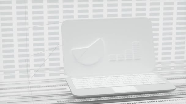 Laptop Branco Com Animação Formas Gráficas Fundo Geometria Dados Renderização — Vídeo de Stock