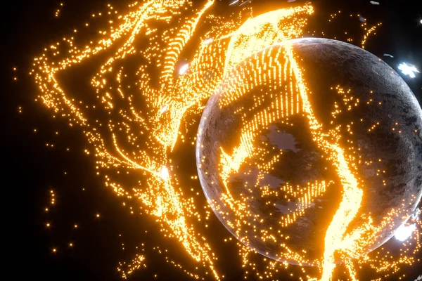 Gezegenin etrafında parlayan parçacıklar, 3D görüntüleme.