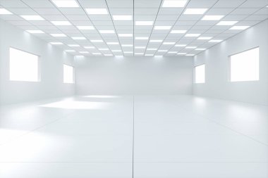 Beyaz parlak ve ferah oda, beyaz arkaplan, 3D görüntüleme.