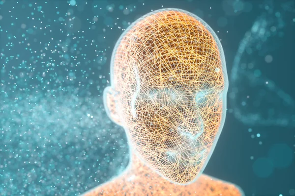 Cabeza de inteligencia artificial, Líneas y cabeza, representación 3d . — Foto de Stock