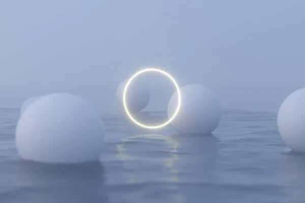 Світлова рамка і білі кульки, що плавають на озері, 3d рендеринг . — стокове фото