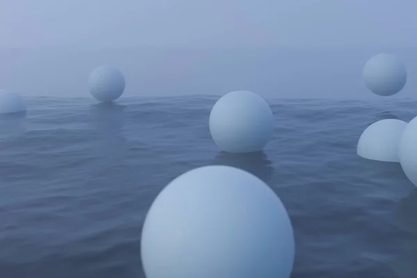 Bolas blancas flotando en el lago, 3d renderizado . —  Fotos de Stock