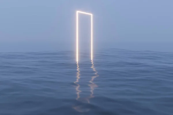 กรอบที่ส่องแสงลอยอยู่บนทะเลสาบ และสะท้อนในน้ํา, 3D rendering . — ภาพถ่ายสต็อก