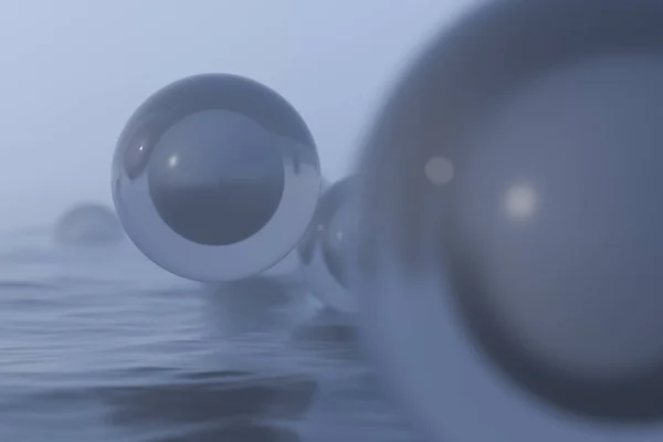 Transparent balls floating on the lake and reflecting in the water, 3d rendering. — Stockfoto