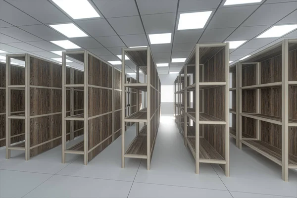 Rows of bookshelves in the bright room, 3d rendering.