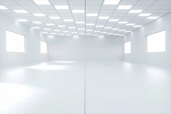 Bílý světlý a prostorný pokoj, bílé pozadí, 3D vykreslování. — Stock fotografie