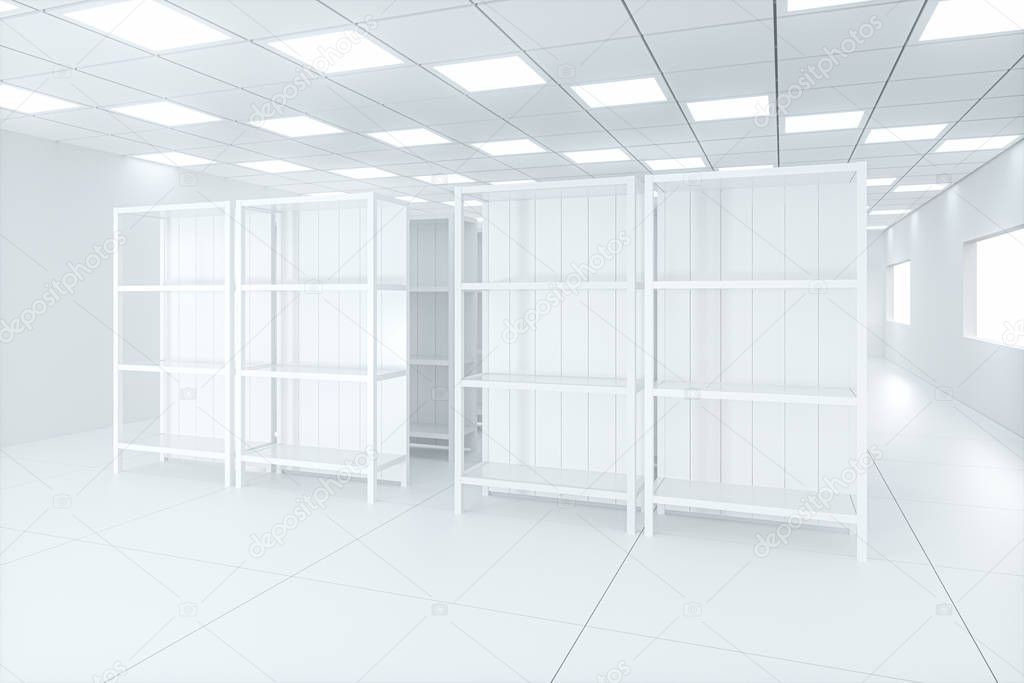 White shelves with white background, bright and spacious, 3d rendering.