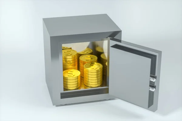 기계 금고 안에 빛나는 금화가 들어 있는 3 차원 렌더링. — 스톡 사진