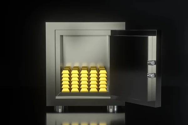 Mechanical safe, with gold bar inside, 3d rendering.
