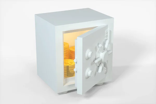 Cofre mecânico, com moedas douradas brilhantes dentro, renderização 3d . — Fotografia de Stock