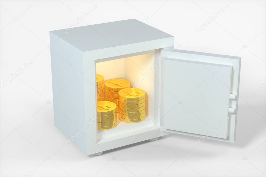 Mechanical safe, with shiny golden coins inside, 3d rendering.