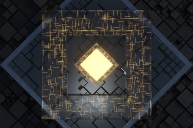 Parlak küp ve devreler, siyah küpler, 3D görüntüleme.